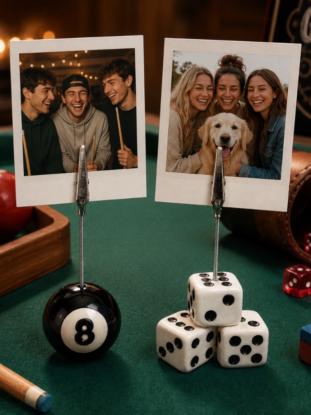 Game Night Photo Holder | 8 Ball Pool or Stack of Dice | Handmade Picture Stand